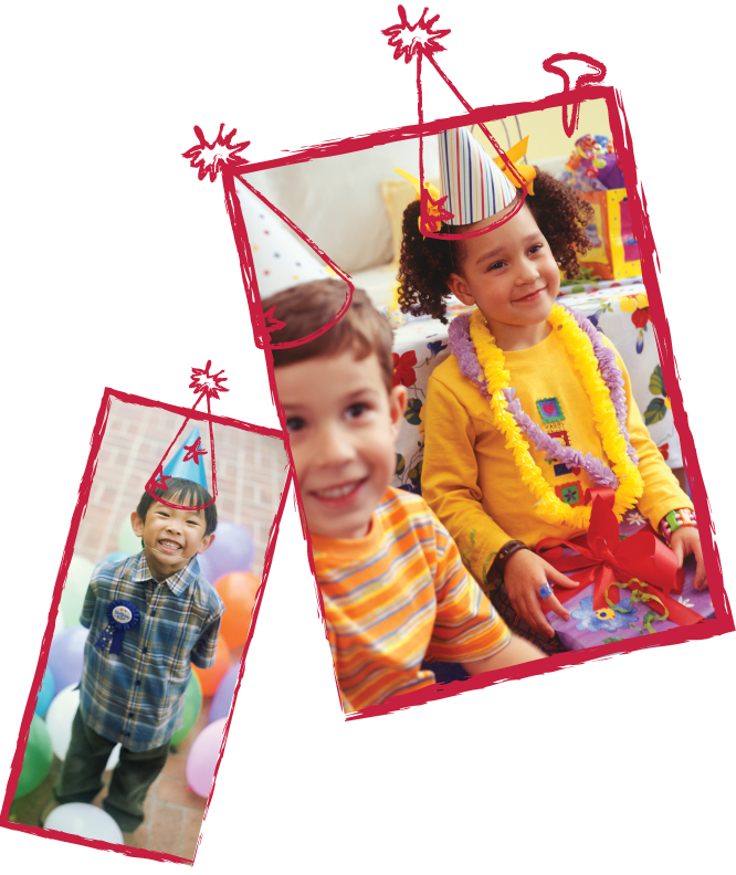 Kids in pictures wearing birthday hats